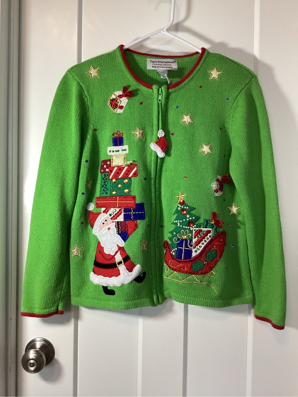 Vintage Tiara International Green Santa & Presents Zip Christmas Cardigan Sz S
